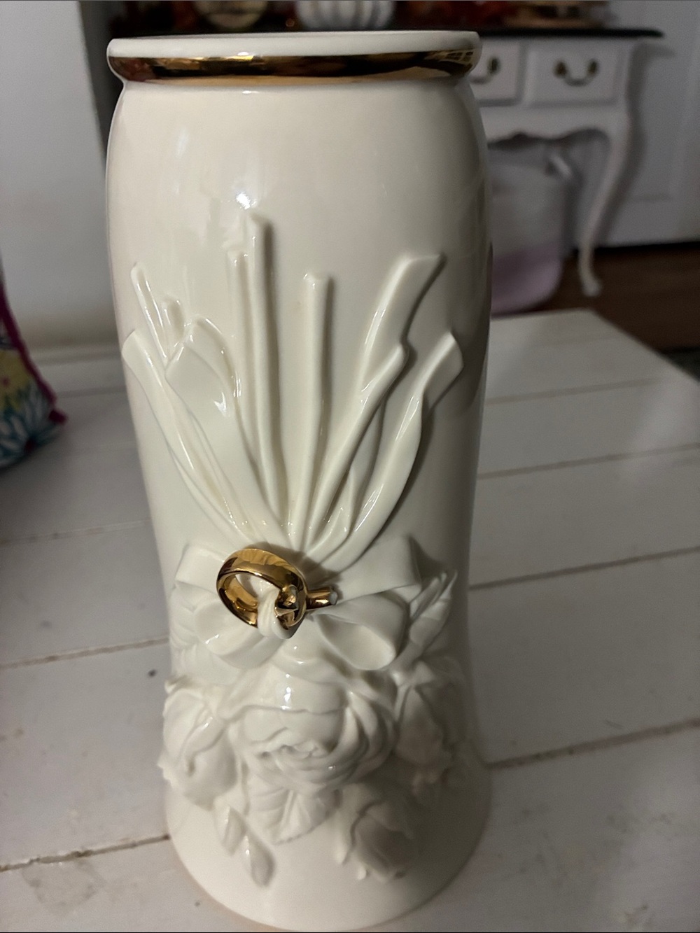 Lenox Ivory Ceramic Vase with Gold Trim and Ring Accent , 10 “ tall , Wedding
